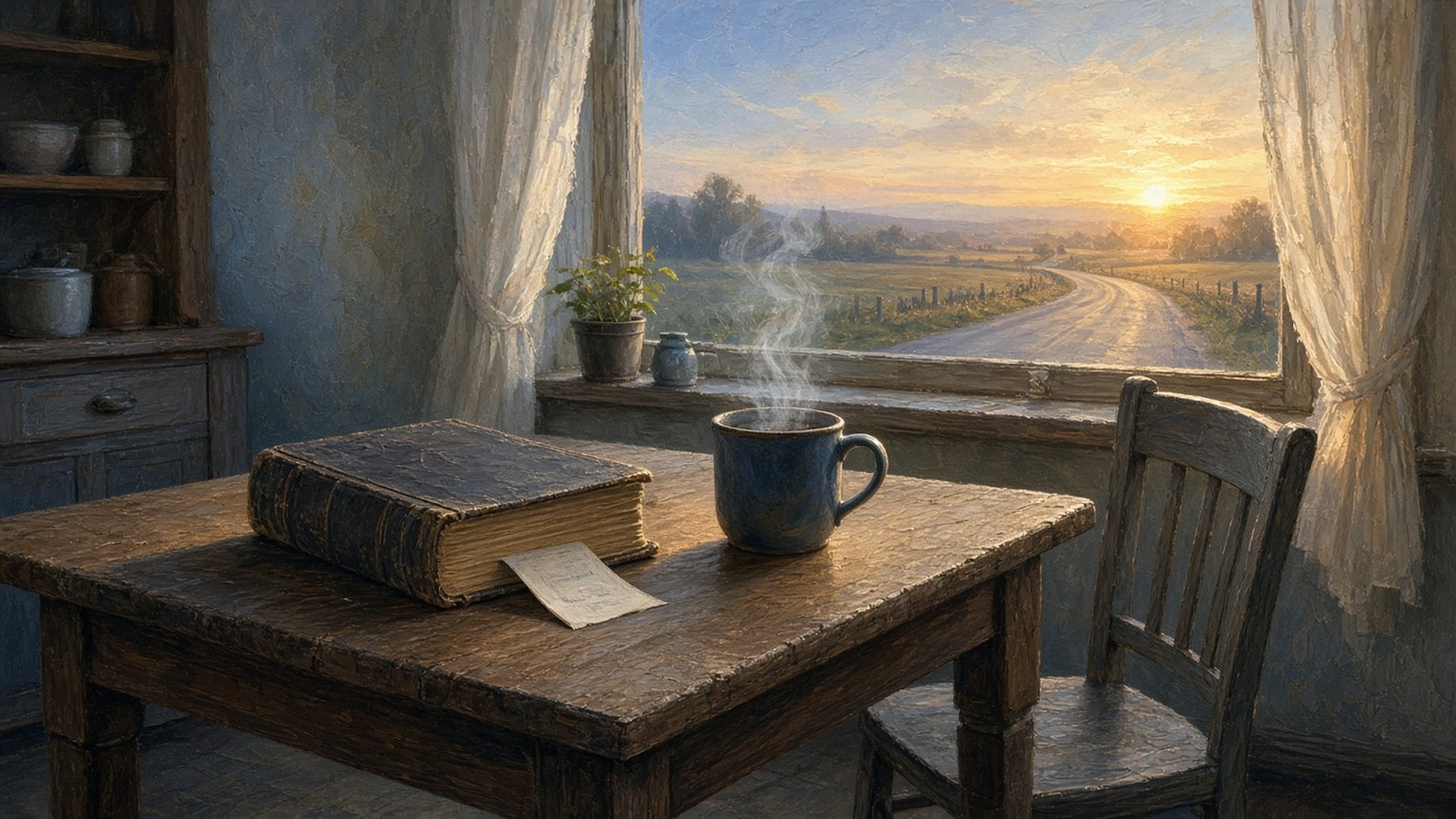 A worn Bible and a cup of coffee on a kitchen table at dawn, with a country road visible through the window.