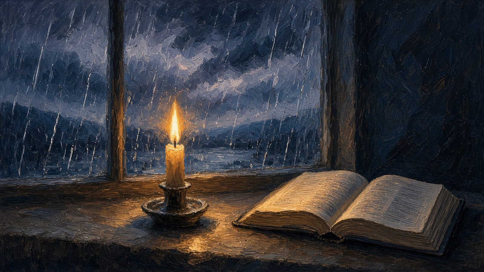 A small candle burning on a rainy windowsill beside an open Bible on a gray evening.