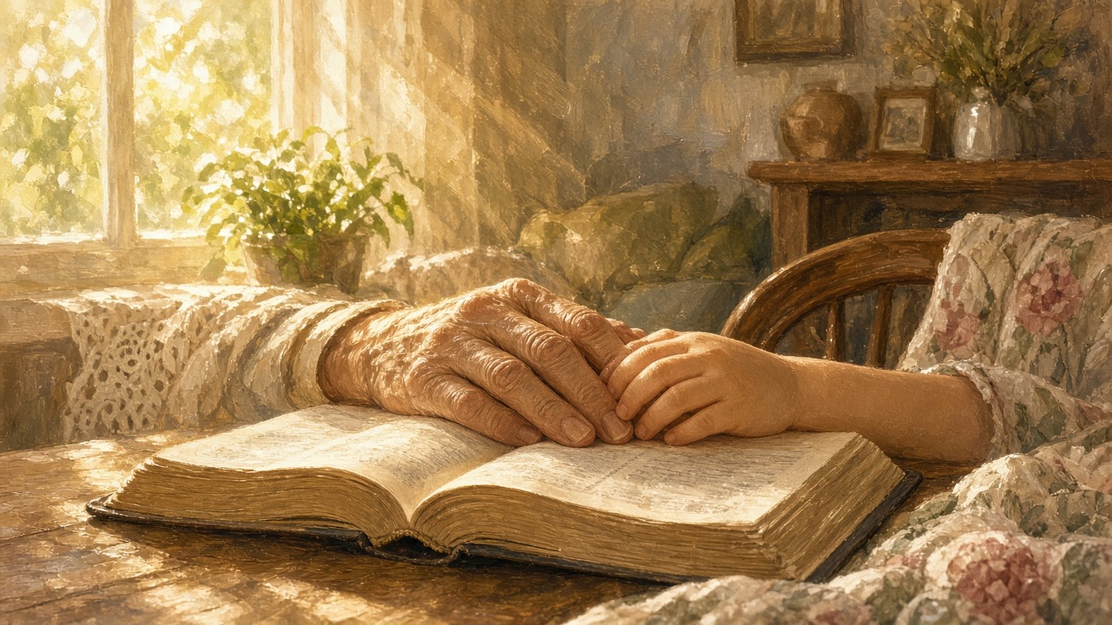Painterly illustration of a grandparent’s hand and a child’s hand resting together on an open Bible in warm morning light.